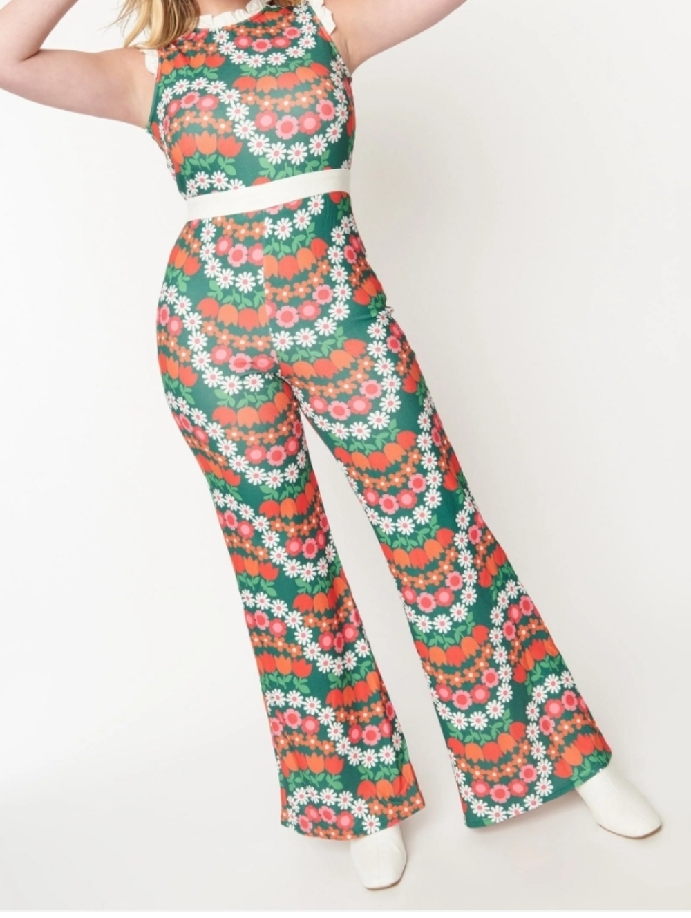 Unique Vintage Green & Coral Floral Boot-Cut Jumpsuit